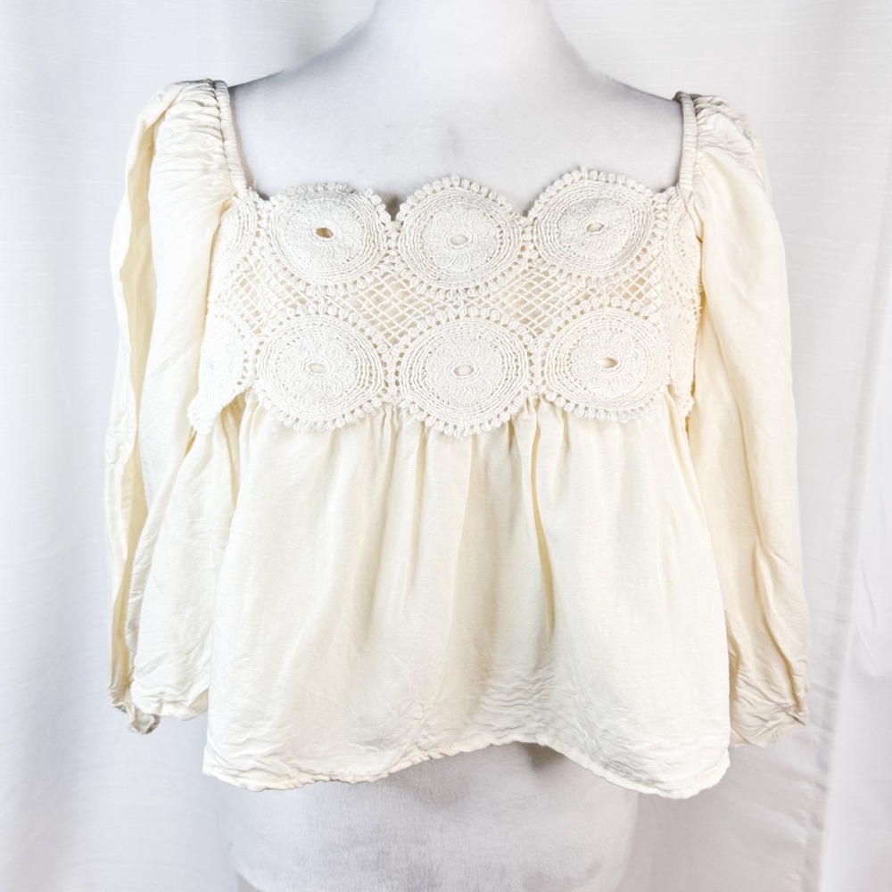 Anthropologie Crochet Medallion Peasant Blouse Linen Blend Balloon Sleeve Top S